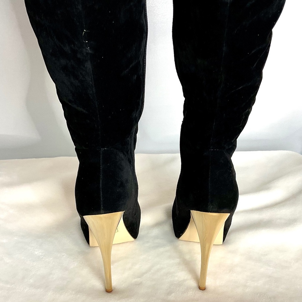 Black Scene Weaver Velvet Lucille Knee High Lace Up Boots Gold Chain Size 6 - Picture 8 of 16